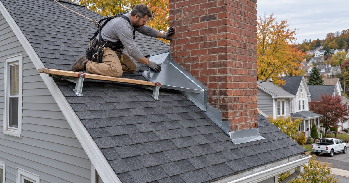 A roofer fitting a metal cricket behind the chimney of a frame house in Scranton.