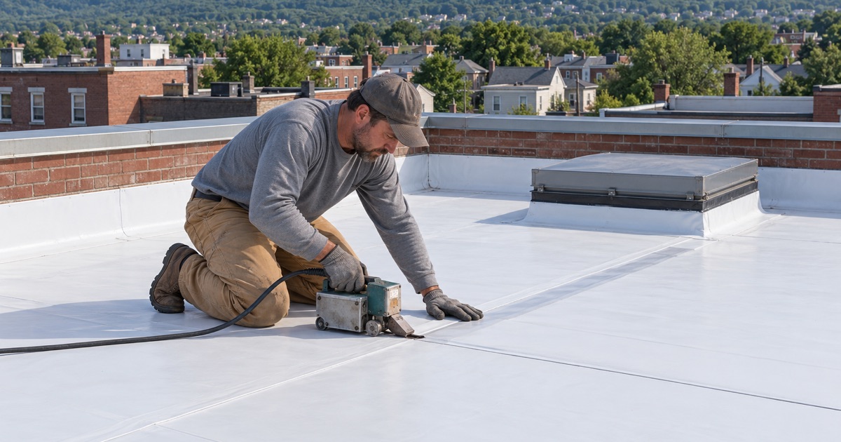 A roofer welding a seam in a white TPO membrane on the flat roof of a brick commercial building in Scranton.