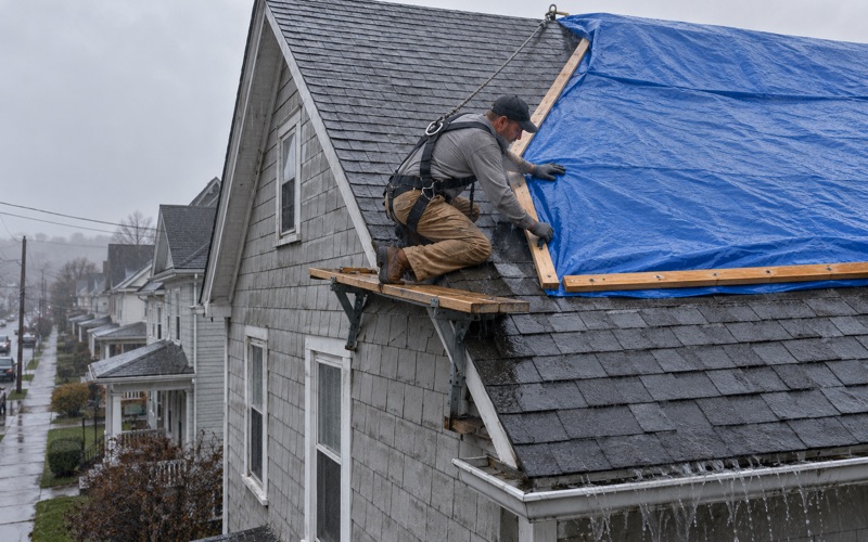 A blue tarp being battened over a storm-damaged roof on a frame double house in Scranton in the rain.