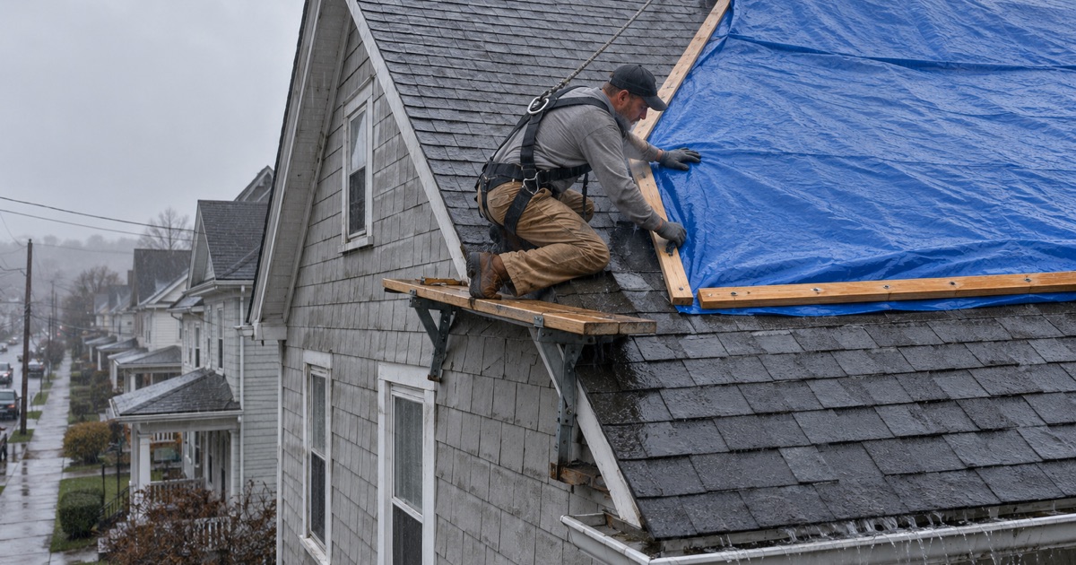 A blue tarp being battened over a storm-damaged roof on a frame double house in Scranton in the rain.