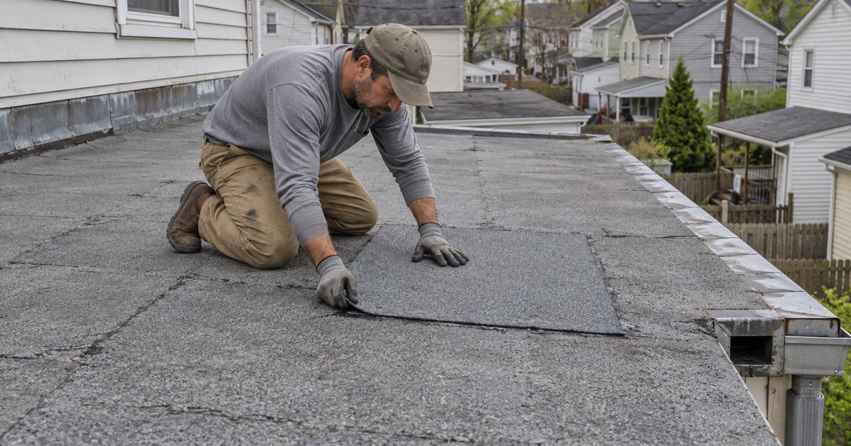 A modified bitumen patch going down on the flat rear roof of a frame house in Scranton.