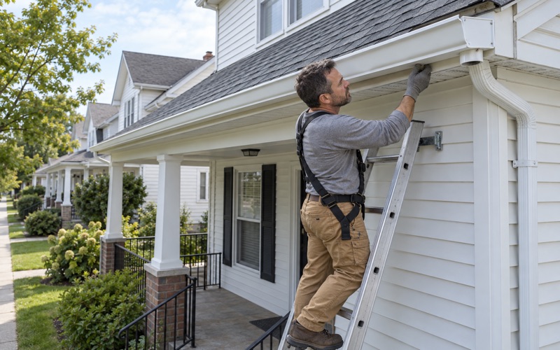 A new seamless aluminum gutter being set into its hangers along the eave of a frame house in Scranton.