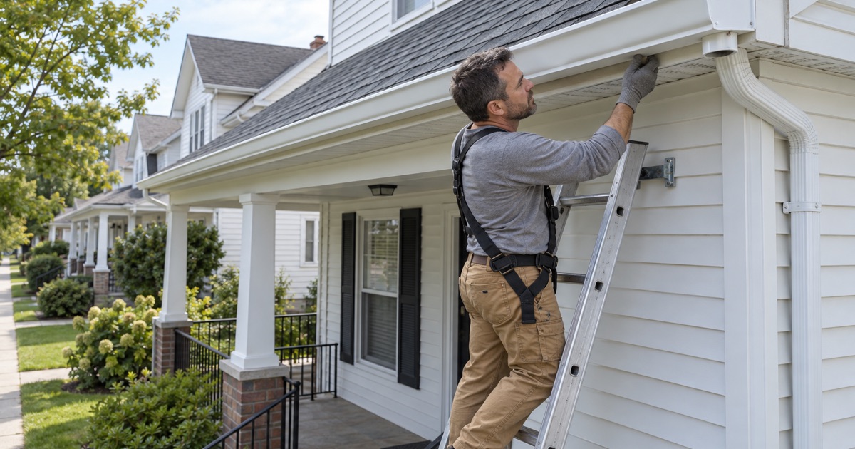 A new seamless aluminum gutter being set into its hangers along the eave of a frame house in Scranton.