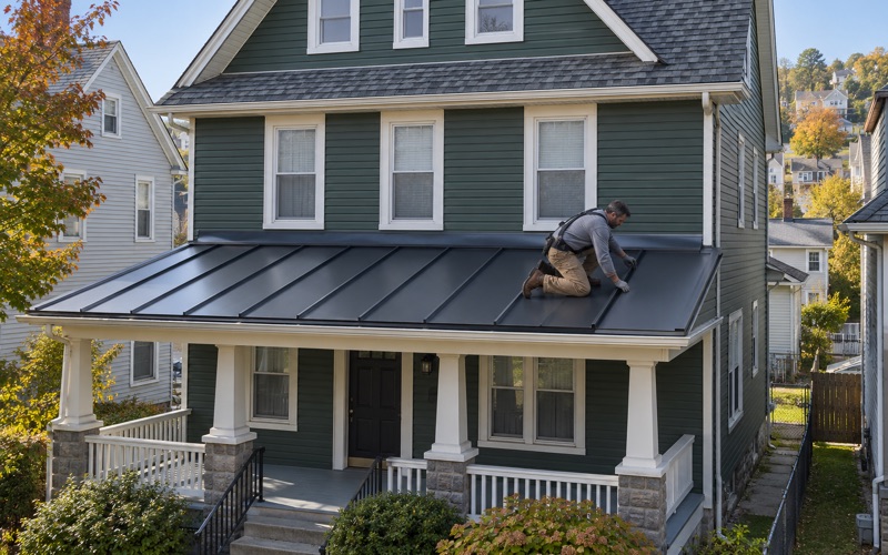 Standing-seam steel going on the low-pitch front porch roof of a two-and-a-half-story frame house in Scranton.