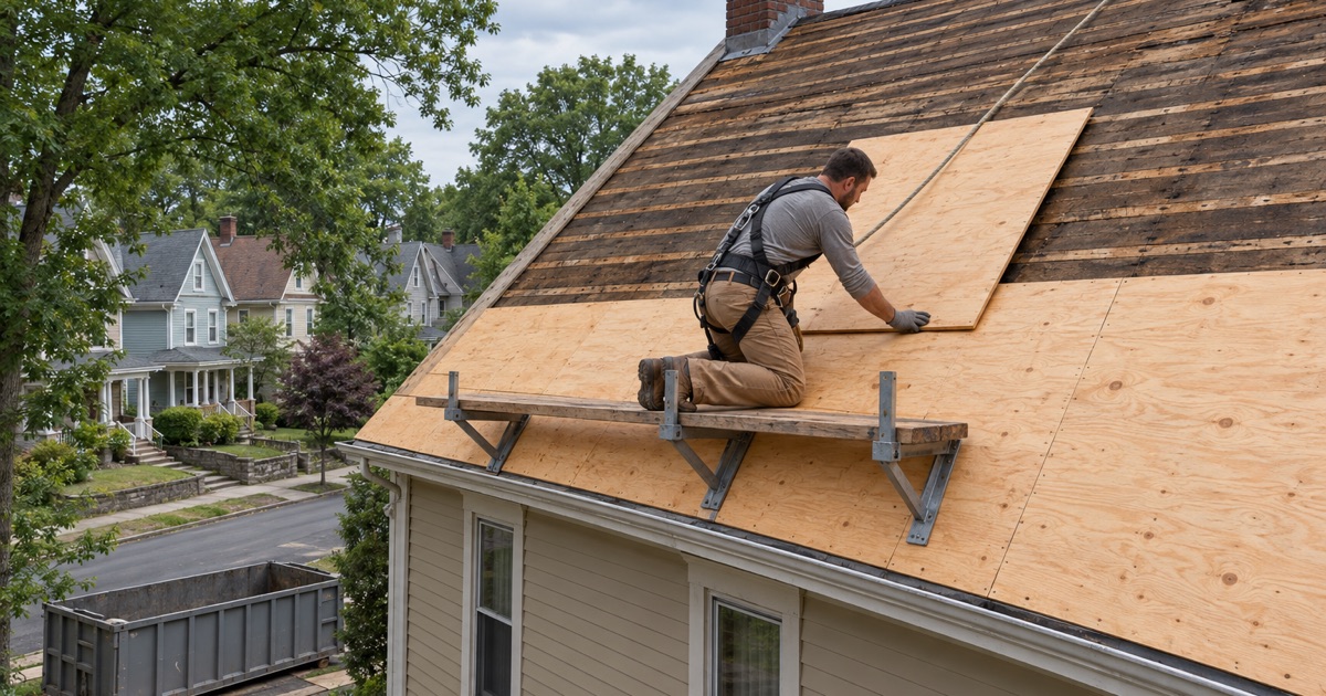 New plywood going down over the old board deck after a full tear-off on a steep-roofed frame house in Scranton’s Hill Section.