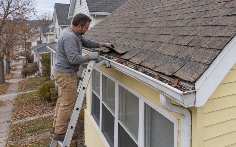 A roofer inspecting curled three-tab shingles and loose granules at the eave of a frame house in Scranton.