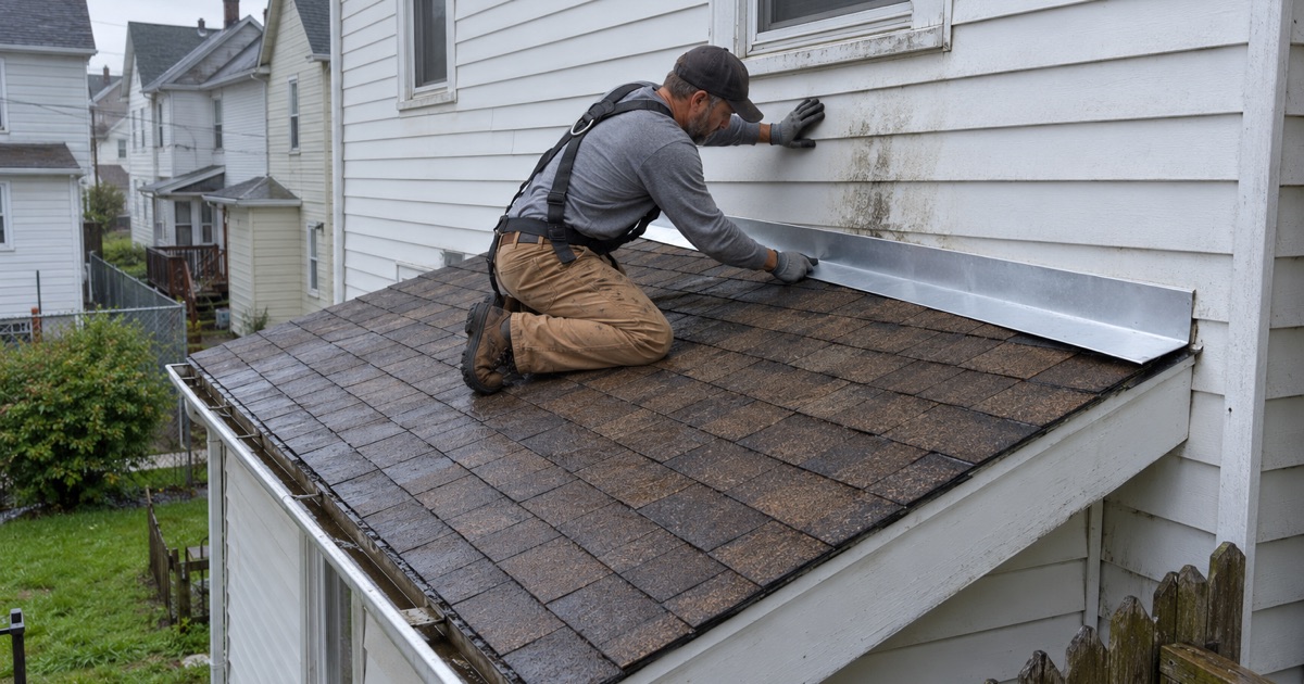 A roofer re-flashing the wall line where a rear kitchen roof meets the back of a frame house in North Scranton, the source of a leak.