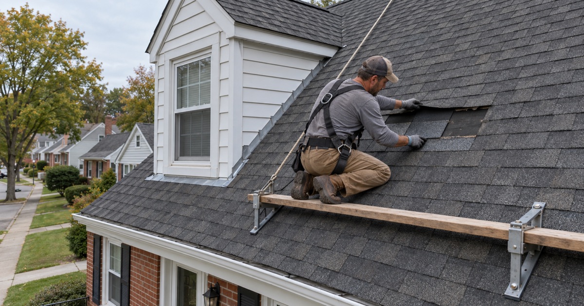 A roofer sliding a matched replacement shingle into a gap on the roof of a 1950s cape on the edge of Scranton.
