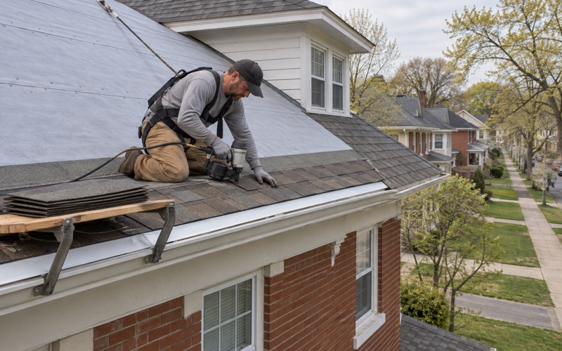 The first courses of new shingles nailed in above the drip edge on a full roof replacement on a brick-front foursquare in Scranton.