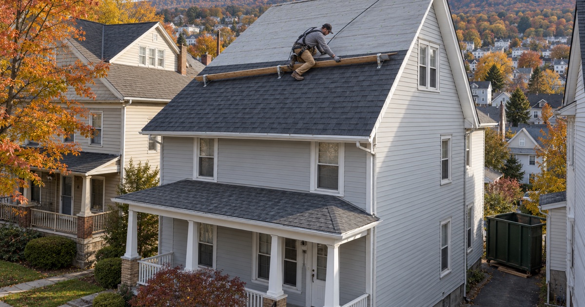 A roofer moving his toe board up the new roof of a two-and-a-half-story frame house on a hillside street in West Scranton.