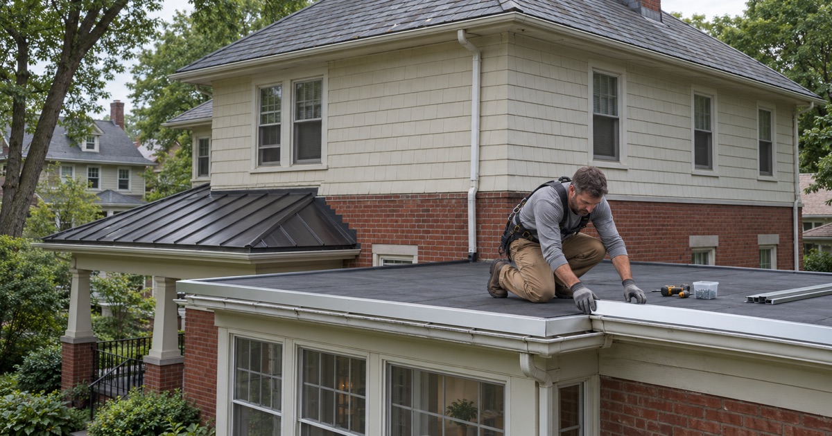 A slate main roof, a steel porch roof and a flat rear roof on one prewar foursquare in Green Ridge, Scranton.