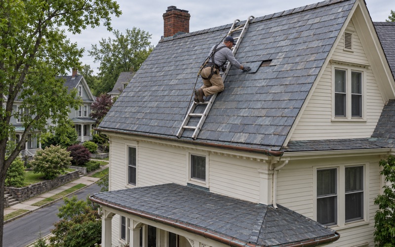 A roofer sliding a replacement slate into place from a roof ladder on a prewar house in Scranton.