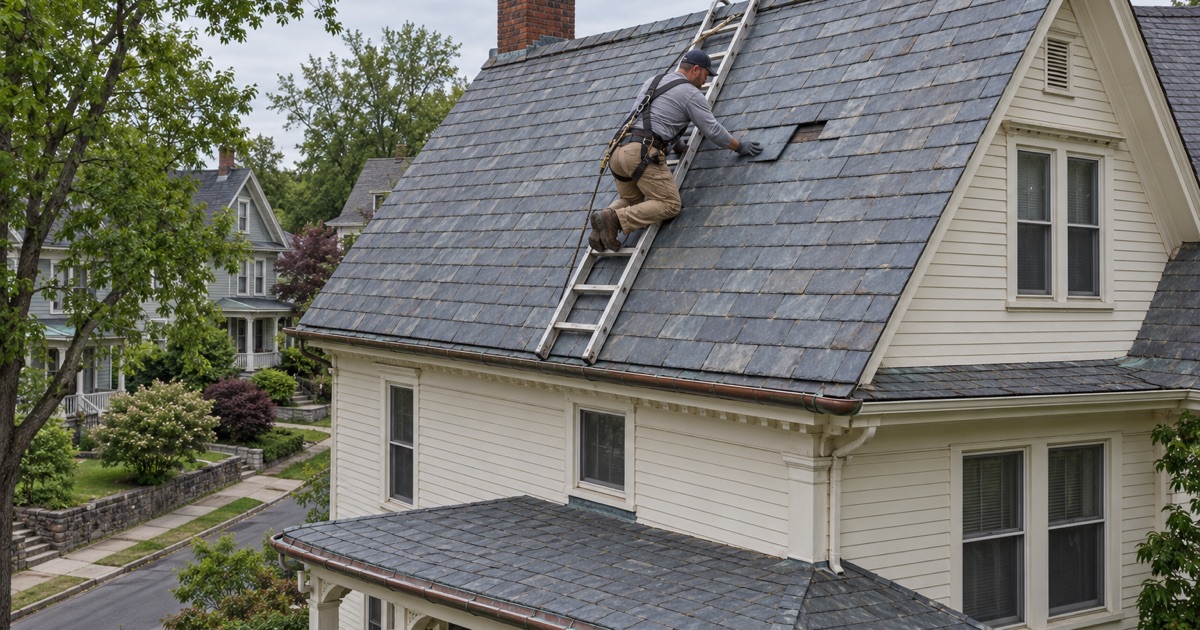 A roofer sliding a replacement slate into place from a roof ladder on a prewar house in Scranton.