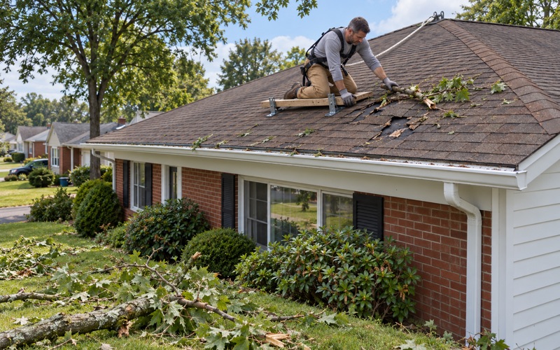A roofer clearing a broken limb from storm-damaged shingles on a 1950s ranch in Scranton.