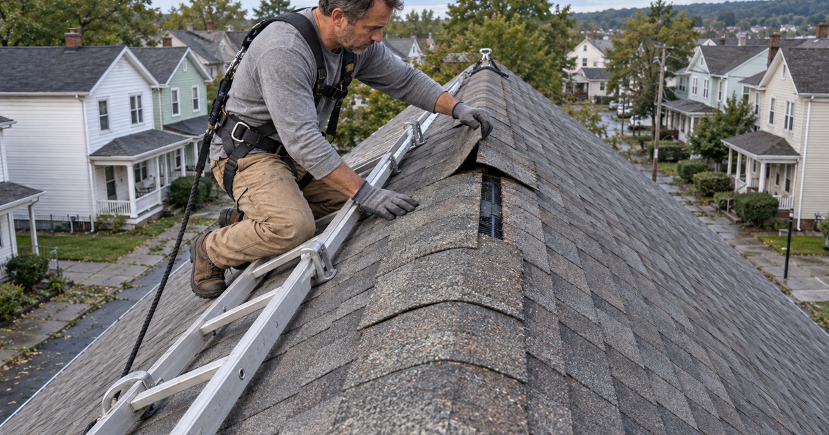 A roofer checking ridge caps lifted by wind on a frame double house in South Scranton the morning after a storm.